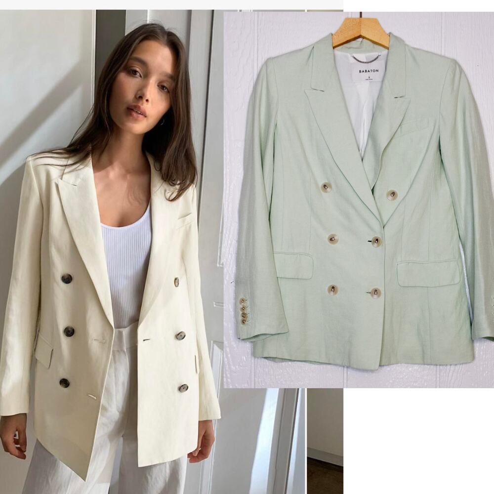 BABATON 'Samuel' Double Breasted Mint Green Viscose/Linen Blend Blazer US 2